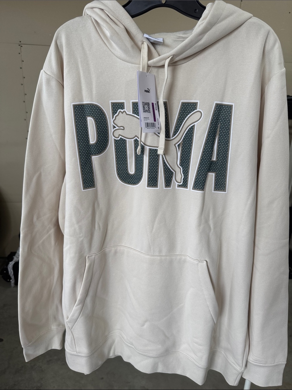 Puma Men's Cream Hoodie with Dark Green Logo- Overlap Hoodie in Alpine Snow
